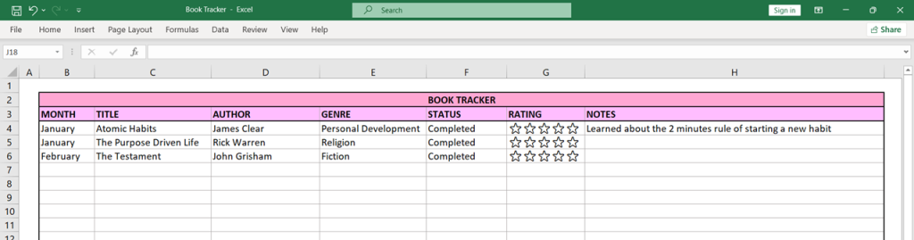Excel Book Tracker details