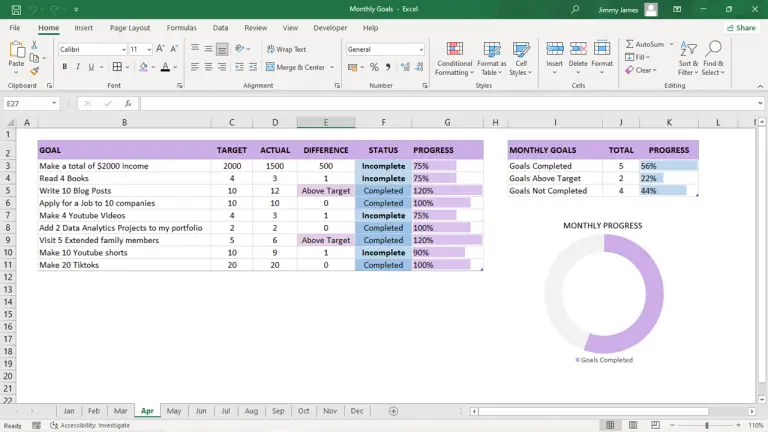 Excel Goal tracker